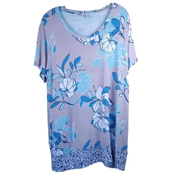 LOGO by Lori Goldstein 1X Floral Tunic Top Short Sleeve Mauve Blue Knit Pockets - Picture 4 of 7